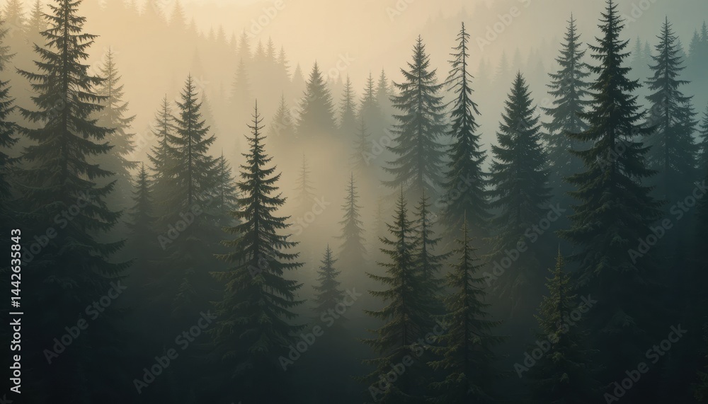 Poster dense evergreen forest with tall pine trees shrouded in mist, creating a serene and mysterious natur