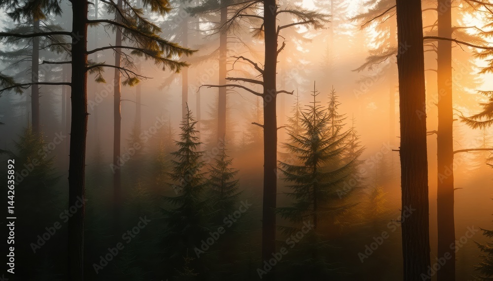Poster sunlight filters through misty pine trees in a tranquil forest at sunrise, creating a serene and enc