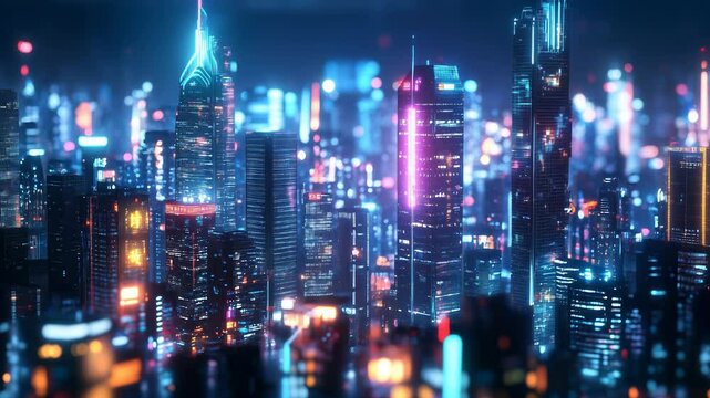 Skyscrapers lit up with neon lights at night in a bustling cityscape, creating a visually striking urban environment with high-rise buildings and vibrant colors.