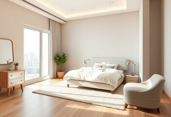 Cosy bedroom interior with a city view