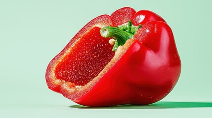 Halved Red Bell Pepper on Green Background
