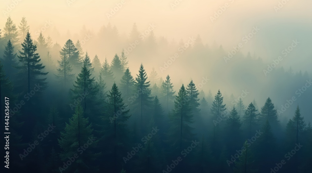 Poster dense evergreen forest covered in mist, with sunlight filtering through the fog, creating a serene a