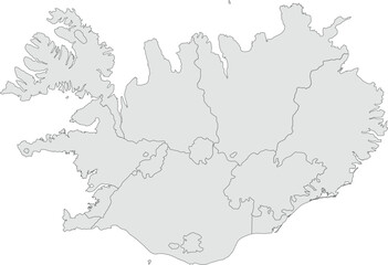 Vector map of Iceland showing all regions with clearly defined borders and country outline. Grey color scheme with dark contours. Ideal for educational, infographic, and professional use.

