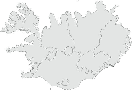 Vector map of Iceland showing all regions with clearly defined borders and country outline. Grey color scheme with dark contours. Ideal for educational, infographic, and professional use.


