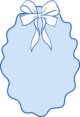 Card template in blue color with wavy frame and festive bow. Perfect for wed design, textile, wedding or party decor,  invitations, greeting cards