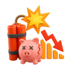 3D illustration of broken piggy bank with dynamite, explosion, and falling chart symbolizing financial crisis, savings loss, or economic collapse
transparent backgrounds. 