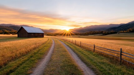 A serene landscape featuring a rustic barn against a beautiful sunrise backdrop, highlighting the quiet beauty of nature and rural living in the countryside.