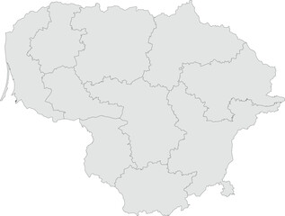 Vector map of Lithuania showing all regions with clearly defined borders and country outline. Grey color scheme with dark contours. Suitable for educational, infographic, and professional use.


