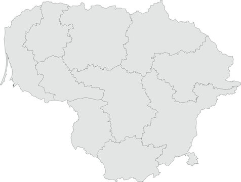 Vector map of Lithuania showing all regions with clearly defined borders and country outline. Grey color scheme with dark contours. Suitable for educational, infographic, and professional use.

