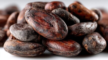 Obraz premium Close-up of roasted cacao beans on a white background with ample negative space
