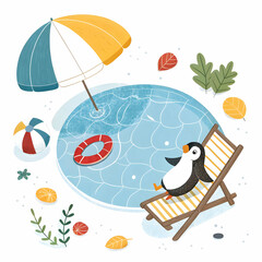 Cute Penguin Summer Pool Party Illustration