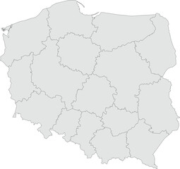 Vector map of Poland showing all regions with clearly defined borders and country outline. Grey color scheme with dark contours. Perfect for educational, infographic, and professional use.

