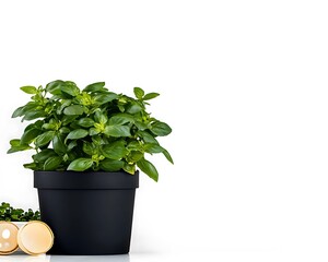Obraz premium Basil plant in a pot Green leaves against a plain background