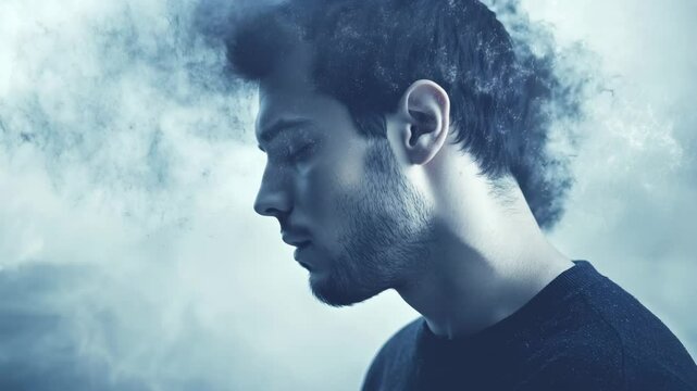 A man with a dark fog dissipating over his head, the concept of mental liberation from negativity and emotional pressure
