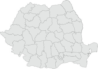 Vector map of Romania showing all regions with clearly defined borders and country outline. Grey color scheme with dark contours. Suitable for educational, infographic, and professional use.

