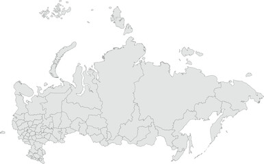 Vector map of Russia showing all regions with clearly defined borders and country outline. Grey color scheme with dark contours. Suitable for educational, infographic, and professional use.

