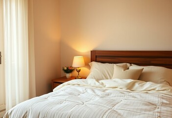 Cozy bedroom interior with warm lighting and soft colors