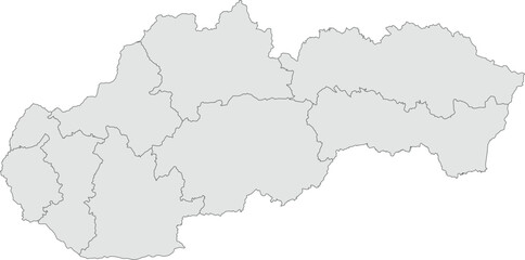 Vector map of Slovakia showing all regions with clearly defined borders and country outline. Grey color scheme with dark contours. Perfect for educational, infographic, and professional use.

