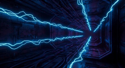 Abstract composition with glowing blue lines emanating from a central point in a tunnel