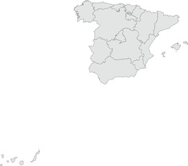 Vector map of Spain showing all regions with clearly defined borders and country outline. Grey color scheme with dark contours. Ideal for educational, infographic, and professional use.

