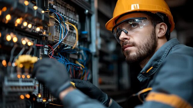 Electrician working with wires in electrical panel, safety and repair