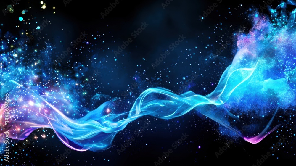 Poster blue sound wave undulating, generating dynamic particle flow against dark abstract background, repre