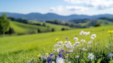 Obraz premium Blooming wildflowers on a grassy hillside, with a backdrop of rolling hills and distant mountains. A peaceful, spring-like scene