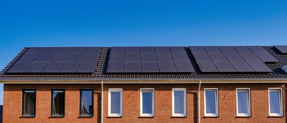 Fototapeta premium Modern homes featuring solar panels against a bright blue sky in a vibrant neighborhood