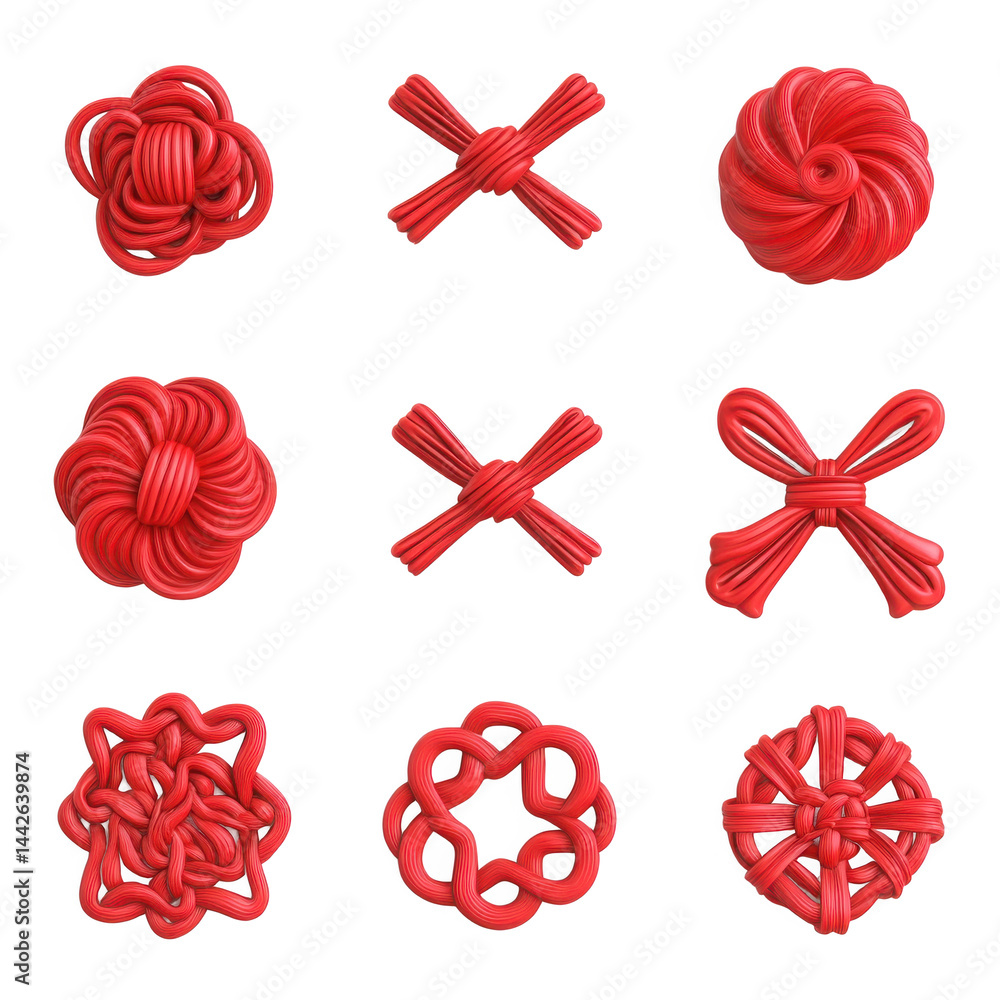 Poster a collection of nine red decorative knots arranged on a black background in a square pattern