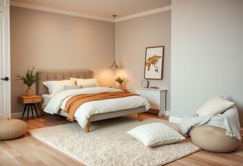 Cosy bedroom interior with a reading nook and greenery