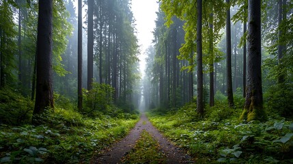 Fototapeta premium Misty forest path. Lush greenery, tall trees line a pathway