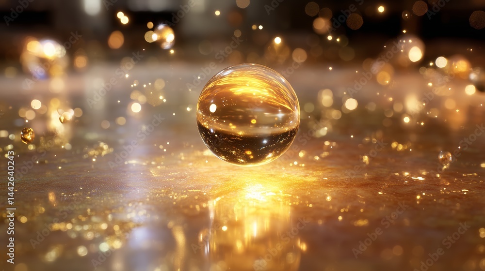 Poster glowing sphere emits warm light with sparkling elements, creating an enchanting atmosphere in a dark