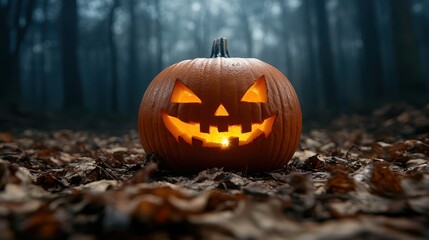 A beautifully carved jack-o'-lantern with a pleasant smile illuminated subtly, surrounded by fallen leaves in a tranquil forest, embodying the warmth of the Halloween spirit.