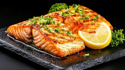 Golden Brown Grilled Salmon Fillet With Lemon And Herbs On Dark Slate Plate