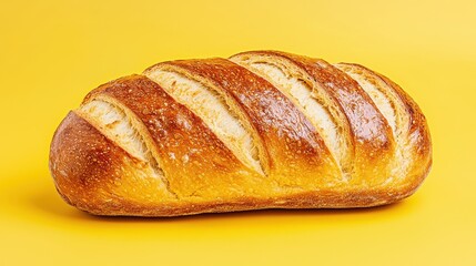 Golden Brown Loaf of Bread with Diagonal Scores on a Bright Yellow Background Studio Shot