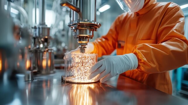This image shows a scientist in an orange lab coat, actively working on an innovative project involving a glass container, highlighting laboratory research and experimentation.