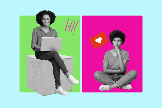 Collage of happy influencer like icon with heart symbolizing internet popularity social media trends - Powered by Adobe