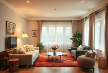Fototapeta premium Cozy living room interior with soft lighting