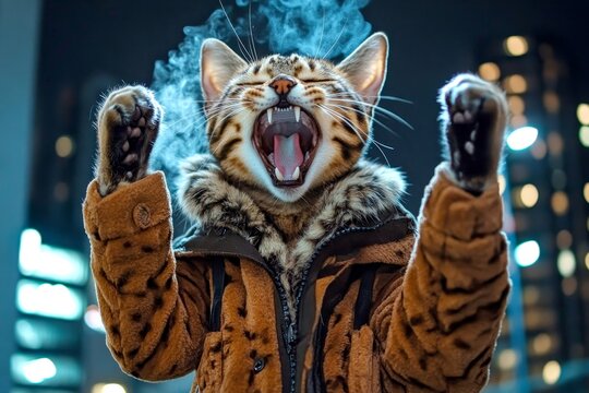 Witty pets. Happy cute adult cat savannah in winter warm clothes, cold breath from nose and mouth in icy wind. Pet health. Kitten winter vest. Winter cat nest. Winter pet house. Pet care hac.