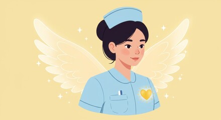 Flat illustration of nurse with glowing wings and heart symbol