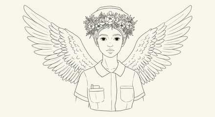 Minimalist nurse angel illustration with flower halo