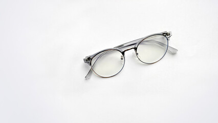 Top view of glasses on a white background, flat lay background