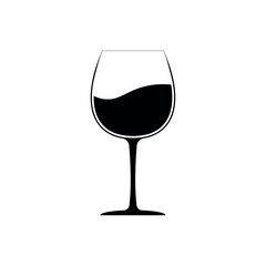 Minimalist black wine glass icon filled with liquid. Simple and elegant silhouette style illustration perfect for menus, bar signs, drink labels, or restaurant branding materials.