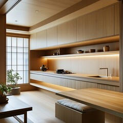 Japanese-Style Minimal Kitchen with Hidden Storage, Natural Wood Finishes, and Soft Lighting: Premium AI Art Concept for Posters, Banners, and Wallpapers