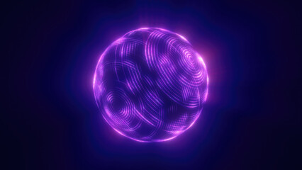 A glowing purple sphere with intricate neon-like patterns floating in a dark background, resembling futuristic technology or abstract digital art