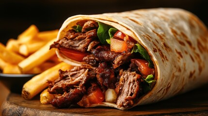 A tempting beef wrap bursting with an array of fresh vegetables, showcasing a vibrant and healthy meal option ideal for satisfying hunger and flavor cravings.