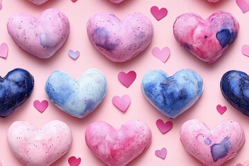 Fototapeta premium Colorful Heart-Shaped Bath Bombs on a Soft Pink Background with Decorative Paper Hearts for a Spa or Relaxation Theme