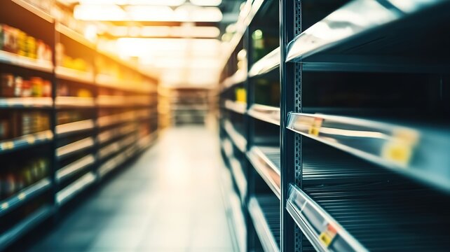 Empty supermarket shelves with Empty metal rack, minimalist composition showing scarcity and lack of products. Concept of supply chain issues, retail challenges and economic crisis.
