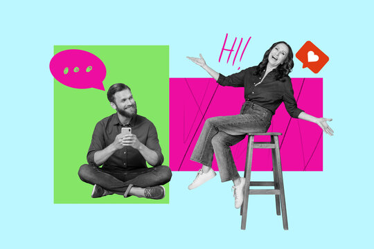 Collage of happy influencer like icon with heart symbolizing internet popularity social media trends