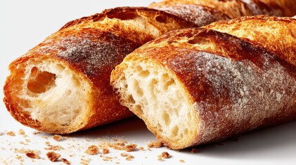 Naklejka premium Crusty French baguette cut in half revealing airy interior on white background